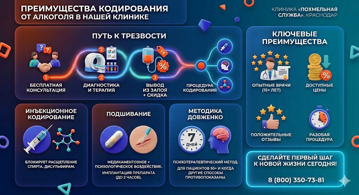 Инфографика о методах кодирования от алкоголя в Кинель-Черкассах: инъекции, подшивание, метод Довженко. Преимущества клиники и этапы лечения.