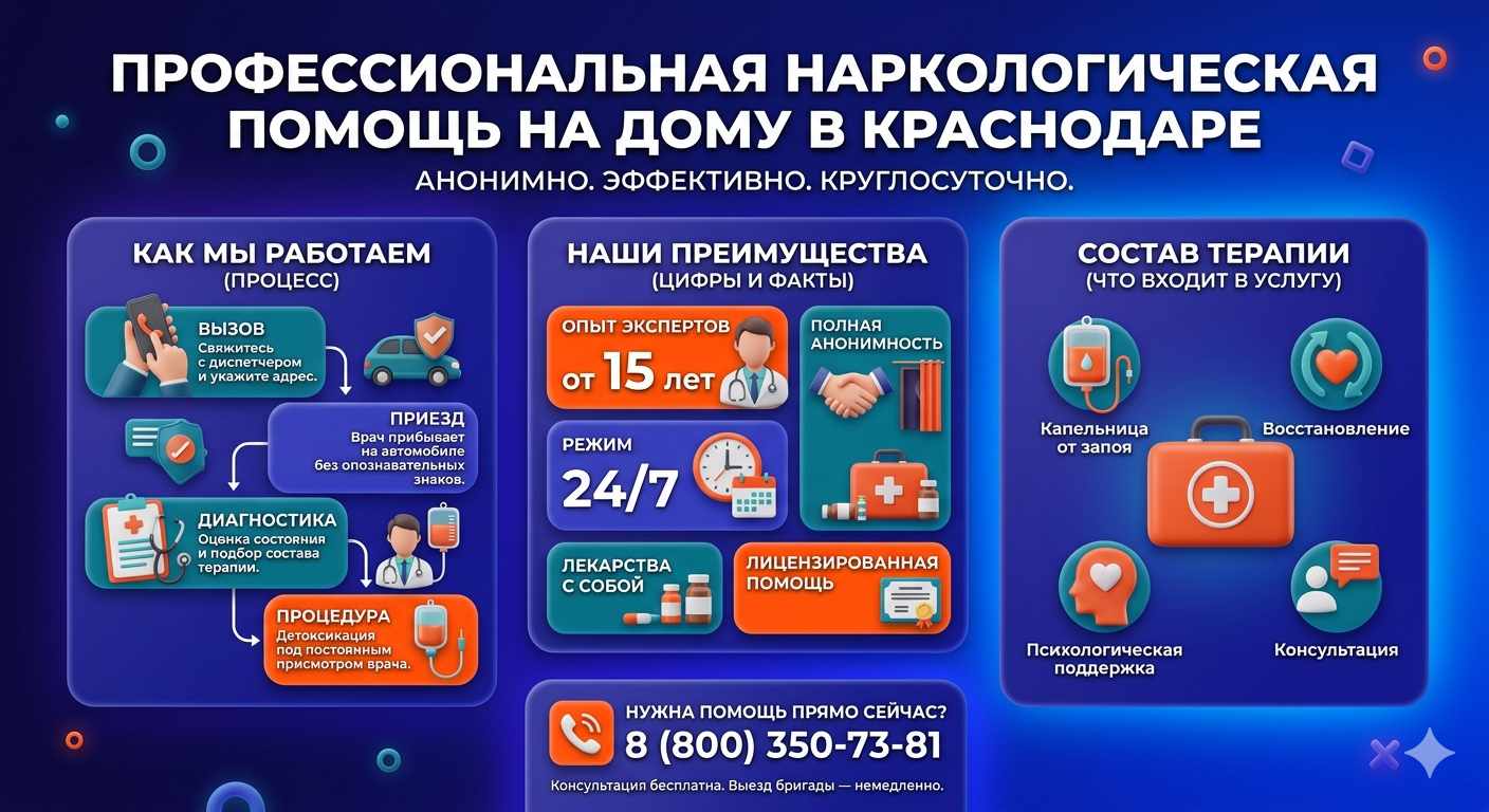 Инфографика о принципах лечения алкоголизма на дому в Кинель-Черкассах: этапы вызова нарколога, преимущества анонимной детоксикации и состав медицинской помощи.